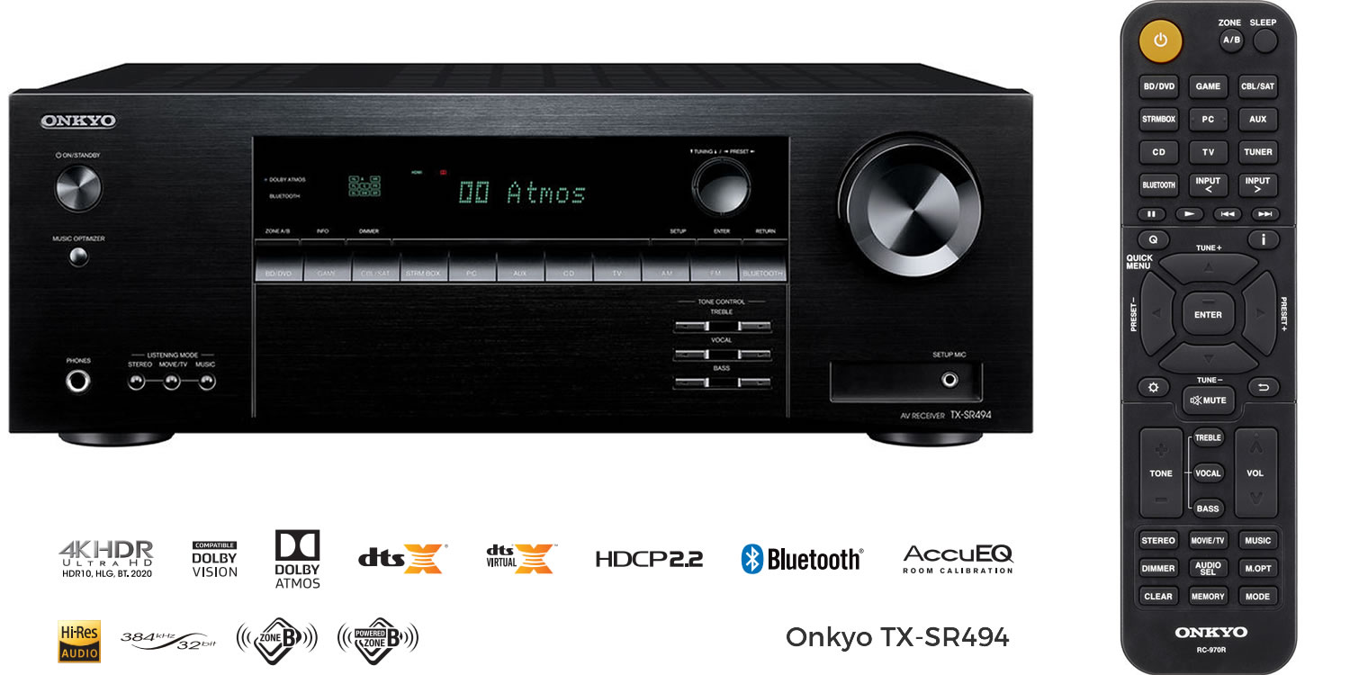 Receiver Onkyo TX-SR494, 72, Bluetooth, 4K | Global Projetores